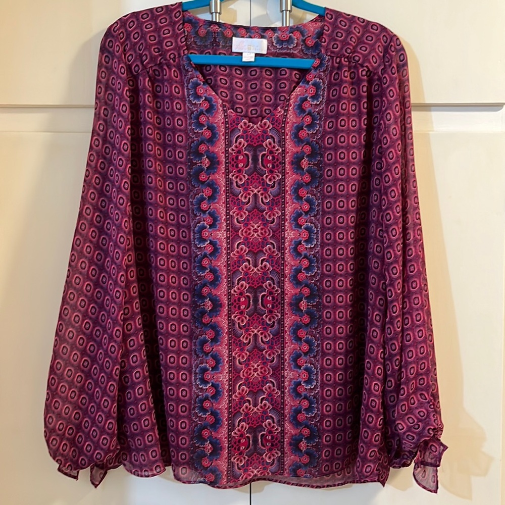 BeBe by Kim Gravel, ladies boho long sleeve blouse, preowned gently, size large
